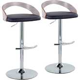 Grotto Adjustable Swivel Bar Stool in Chrome, Light Grey Wood & Black Leatherette (Set of 2)
